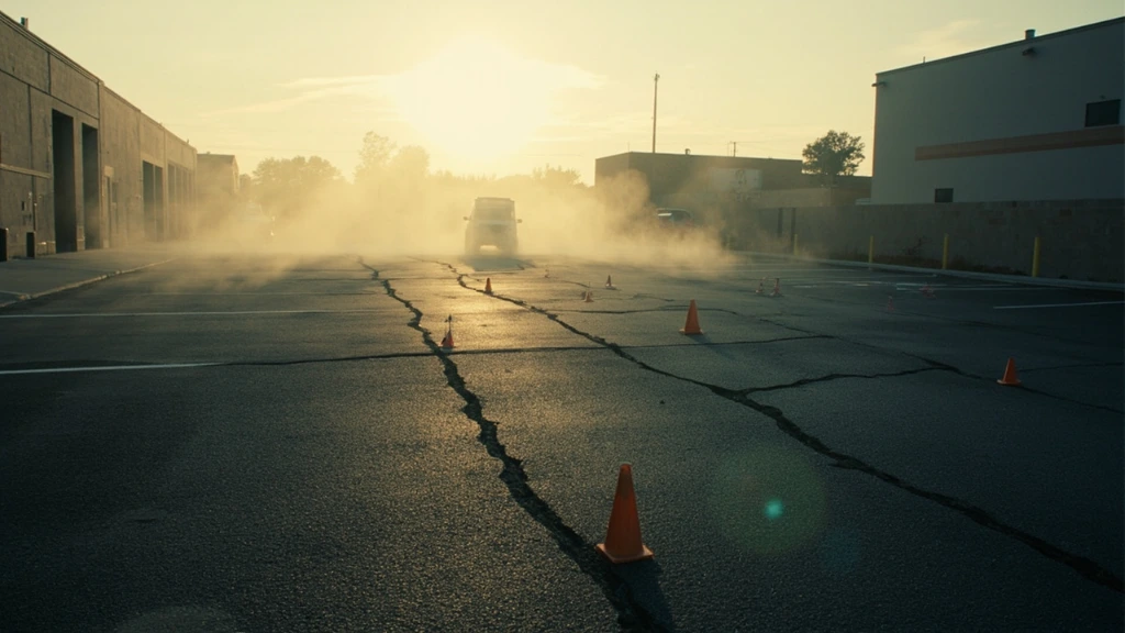 Cracked asphalt parking lot at dawn with orange surveyor stakes marking problem areas