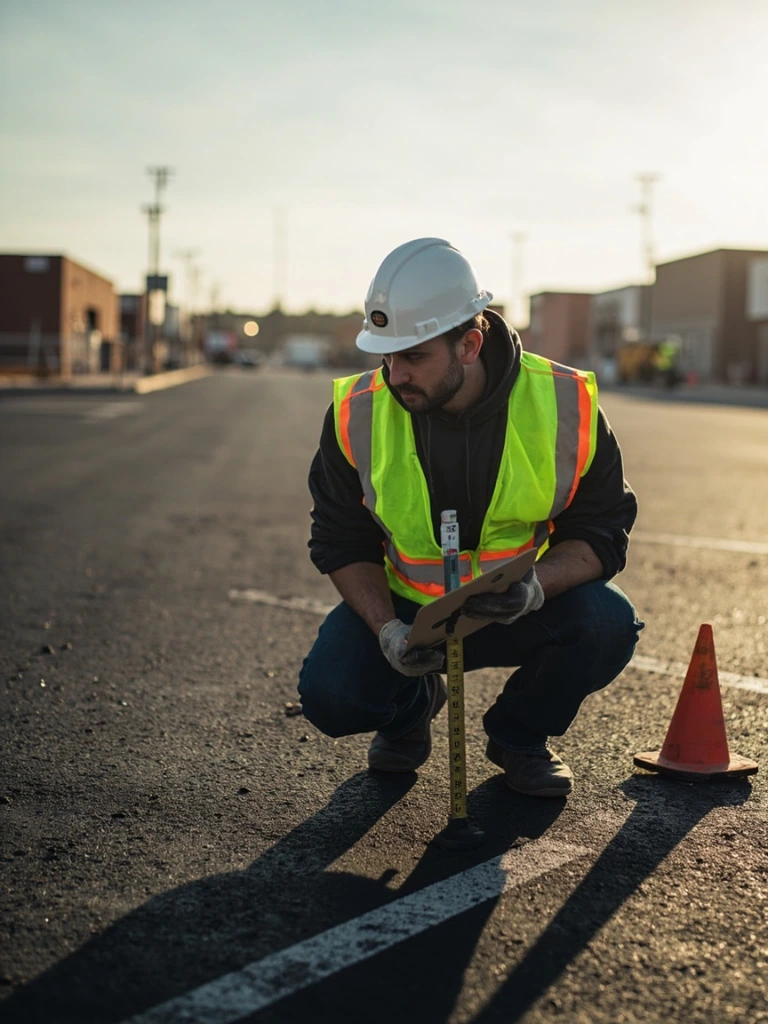 Savior TPC project manager measuring a parking lot with a measuring wheel at dawn