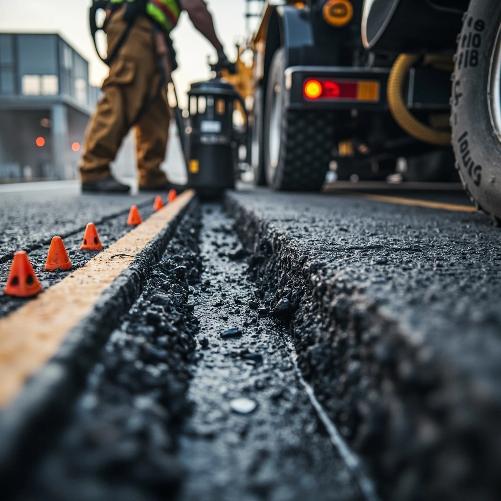 Hot-pour crack sealing being applied to a routed asphalt joint