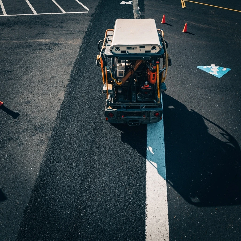 Layout and striping machine laying fresh traffic paint on cured sealcoat