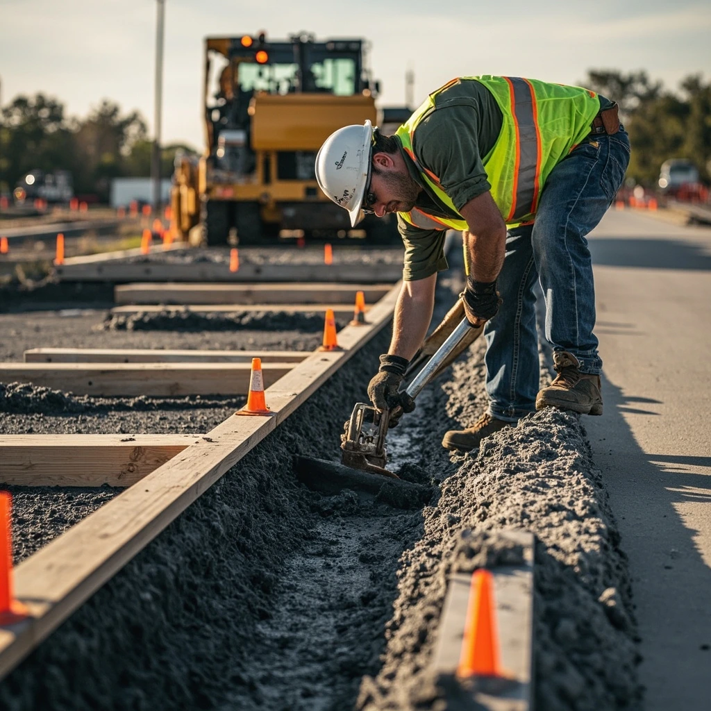 Concrete crew forming and finishing a replacement curb section