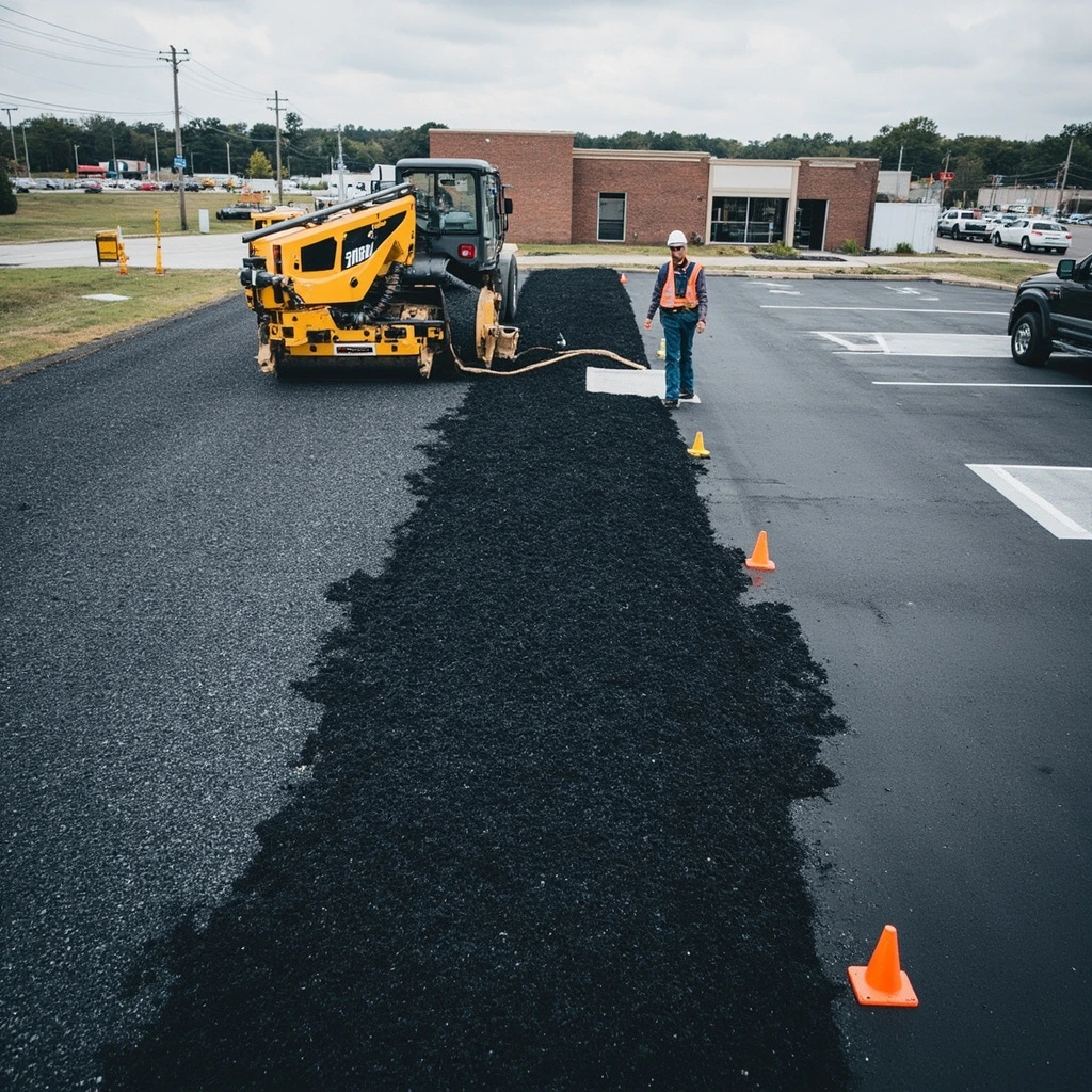 Asphalt paver placing a fresh lift of hot-mix on a commercial lot