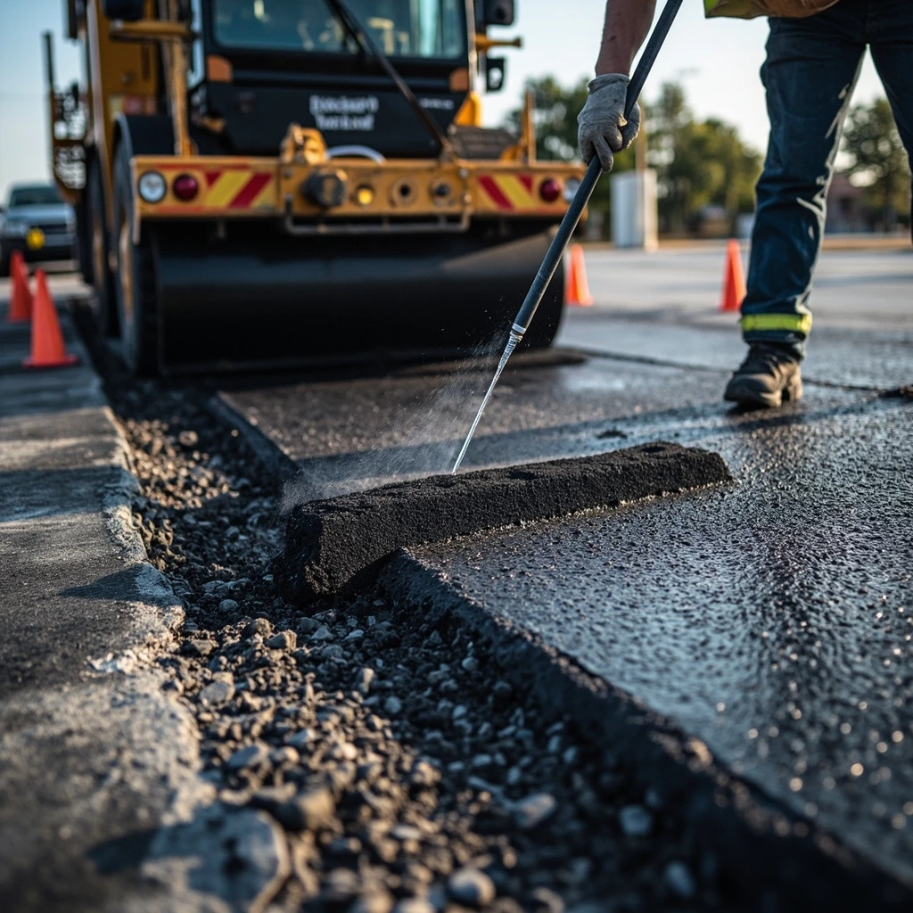 Infrared patcher reheating a damaged asphalt area for seamless repair